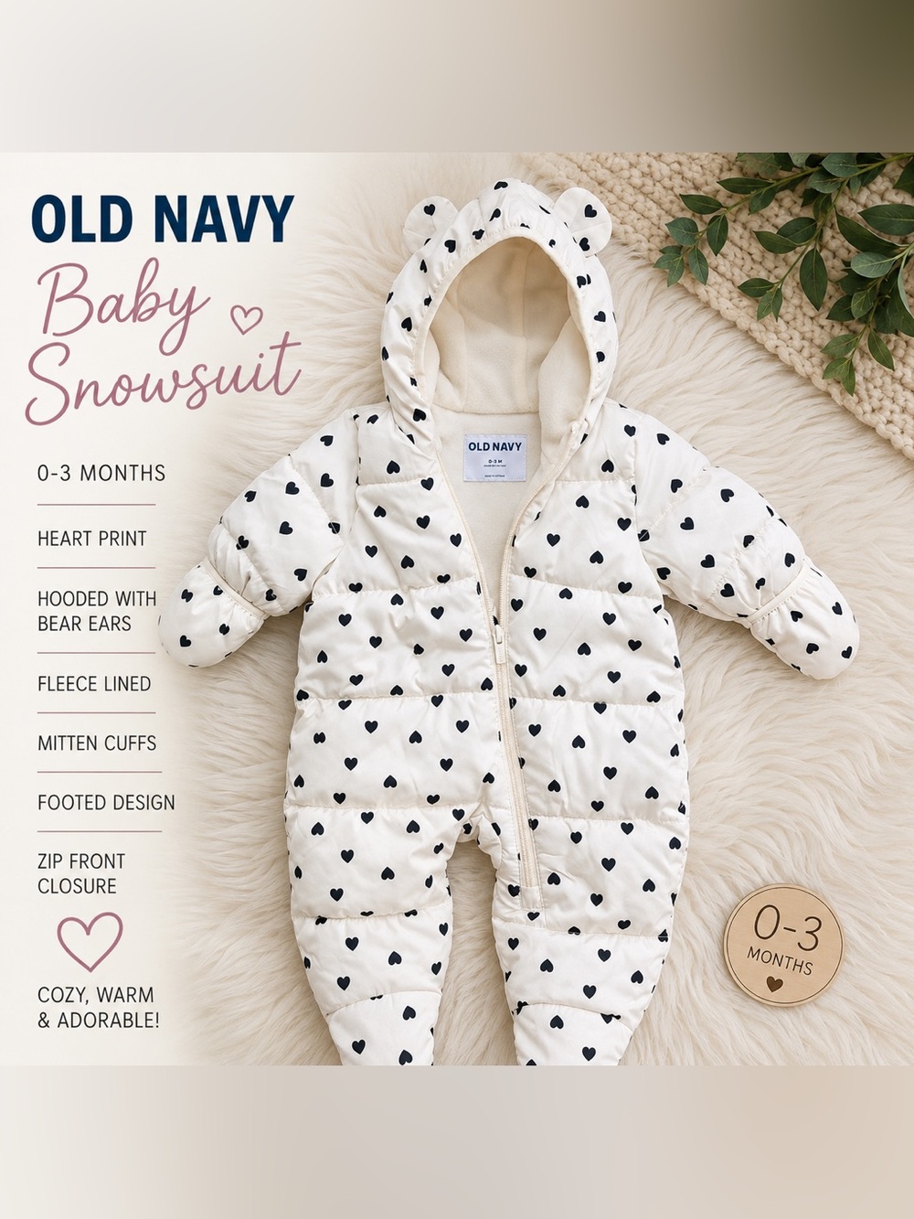 Old Navy Baby Snowsuit Hearts 0-3 Months Cream Black Puffer Bunting